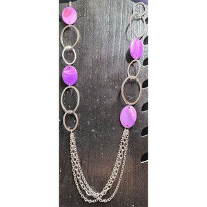New Silvertone Purple Shell Disc Necklace Multi-Strand Chains Boho Chic Beachy
